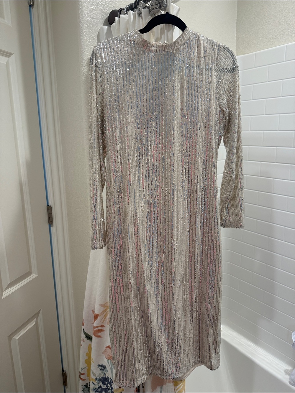 INC International Concepts Silver Sequin Long-Sleeve Shift Dress